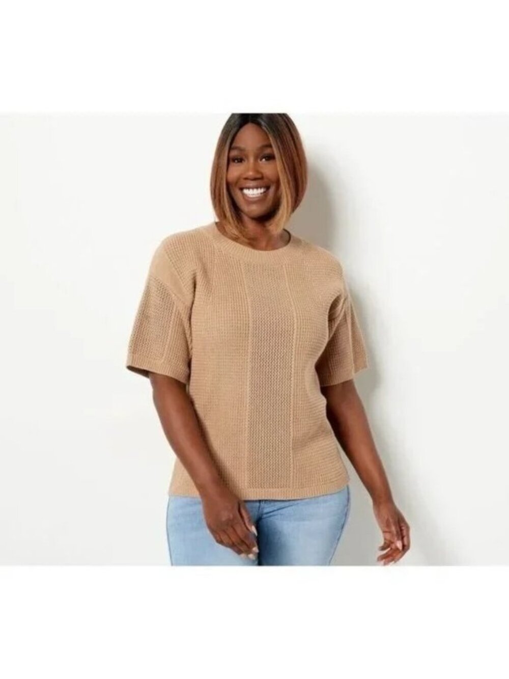 Laurie Felt Sweater Small Cotton Short Sleeve Sand Tan Cozy Cotton Blend NEW